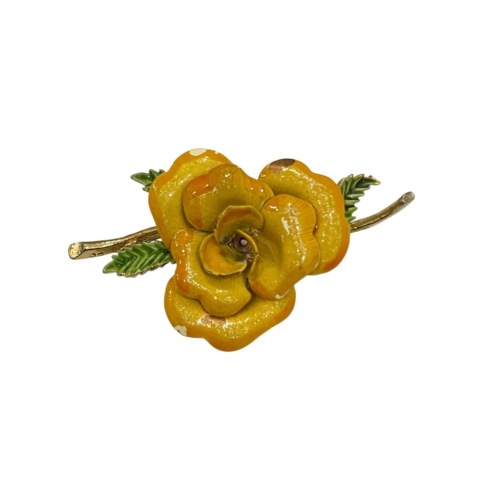 Vintage Yellow Rose Enamel Brooch Gold Tone Floral Pin Mid Century 3.5 Inch